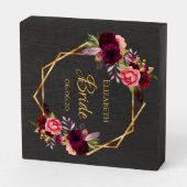 Bride black burgundy florals gold geometric wooden box sign (Angled Vertical)