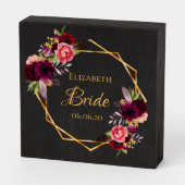 Bride black burgundy florals gold geometric wooden box sign (Angled Horizontal)