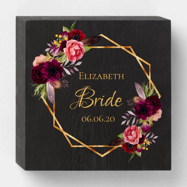 Bride black burgundy florals gold geometric wooden box sign (Front Horizontal)