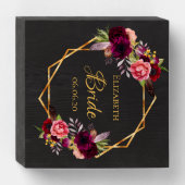 Bride black burgundy florals gold geometric wooden box sign (Front Vertical)
