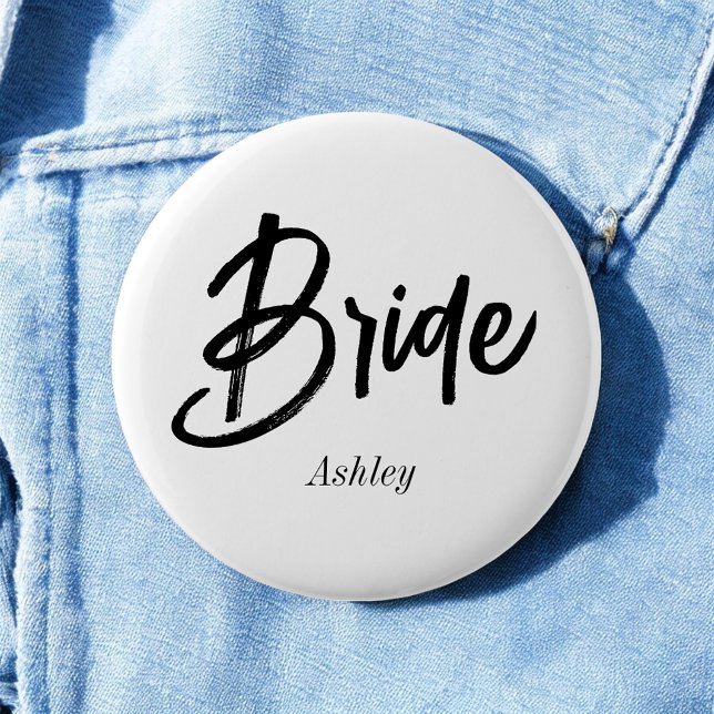 Bride Black White Script Wedding  Button (Creator Uploaded)