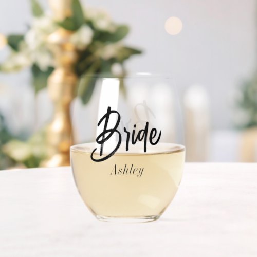 Bride Black White Script Wedding  Stemless Wine Glass