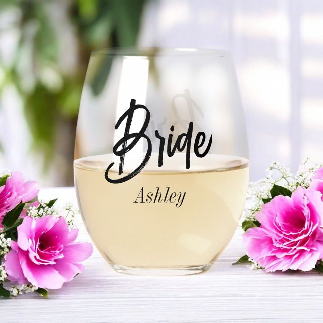 Bride Black White Script Wedding  Stemless Wine Glass (Creator Uploaded)