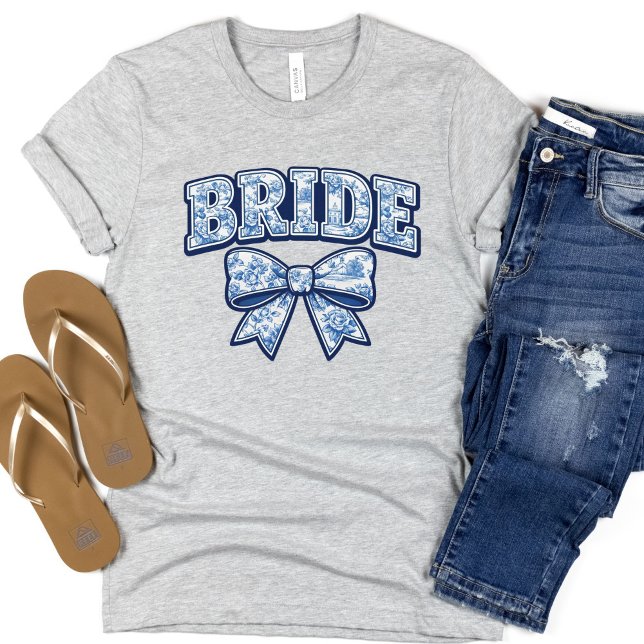 Bride Blue Toile Coquette Bow T-Shirt (Bride Blue Toile Blue Coquette Bow T shirt. Engagement, Bridal shower Bride Gift)
