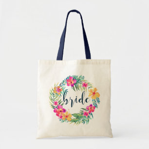 Bride Blue Typography & Tropical Flowers Wreath Tote Bag