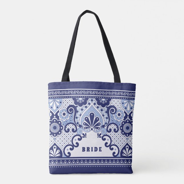 Bride Blue & White Mexican Talavera Tile  Tote Bag (Back)