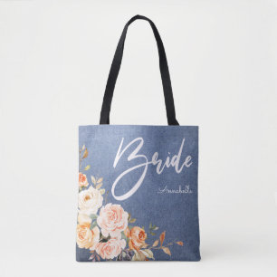 Bride Blush Pink & Peach faux Jean Floral Tote Bag