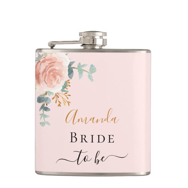 Bride blush rose floral eucalyptus bachelorette flask (Front)