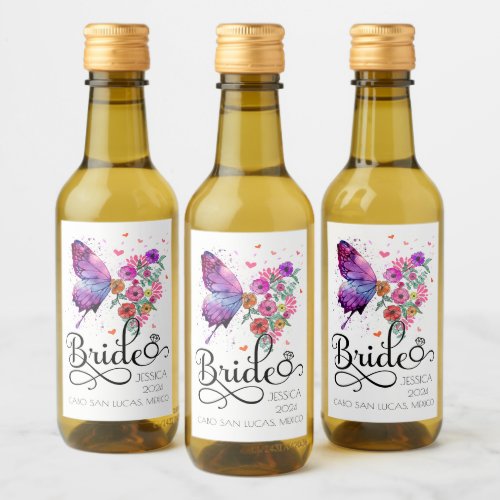 Bride boho Floral Butterfly Name Mini Wine Label