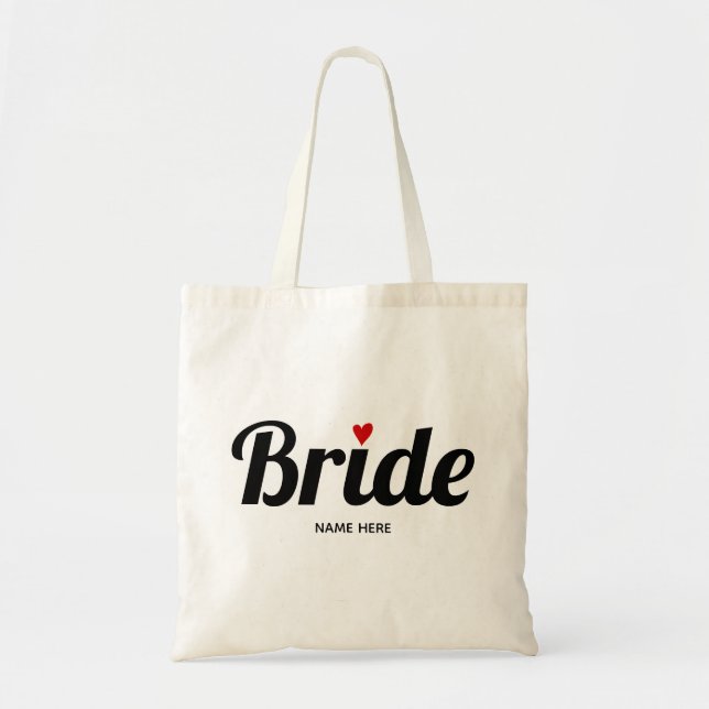 Bride bold typography red heart wedding tote bag (Front)