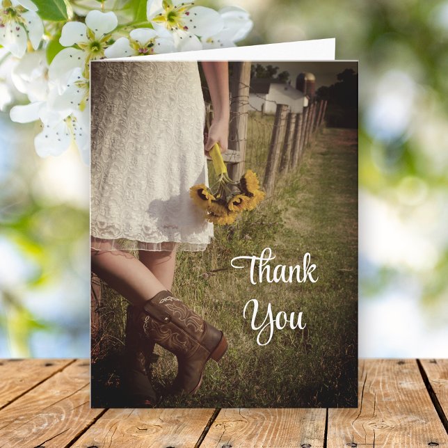 Bride Boots Sunflowers Western Wedding Thank You Card (Creator Uploaded)