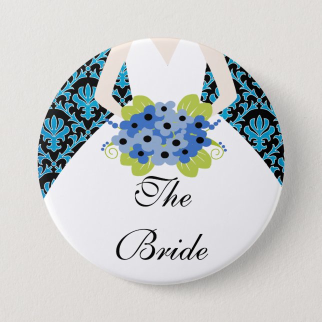 Bride Bridal Party  Button / Pin Damask Royal Blue (Front)