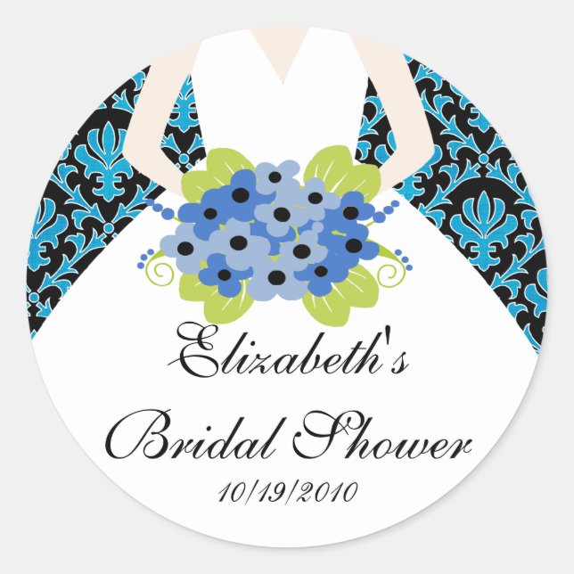 Bride Bridal Shower Sticker Seal Damask Royal Blue (Front)