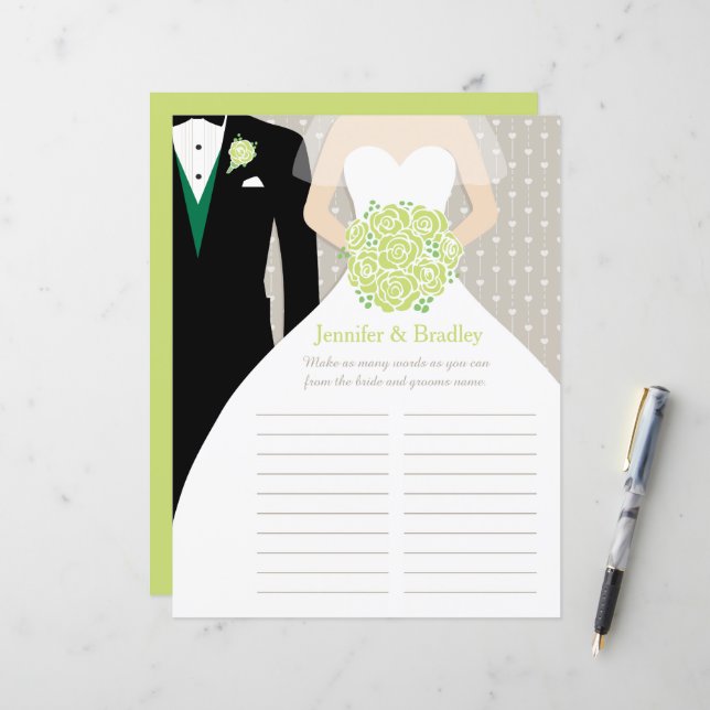 Bride Bridal Shower Word Game green posy dress (Front/Back In Situ)