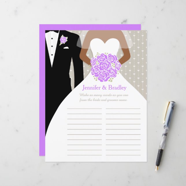 Bride Bridal Shower Word Game purple posy dress (Front/Back In Situ)