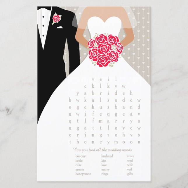 Bride Bridal Shower word search game red dress (Front)