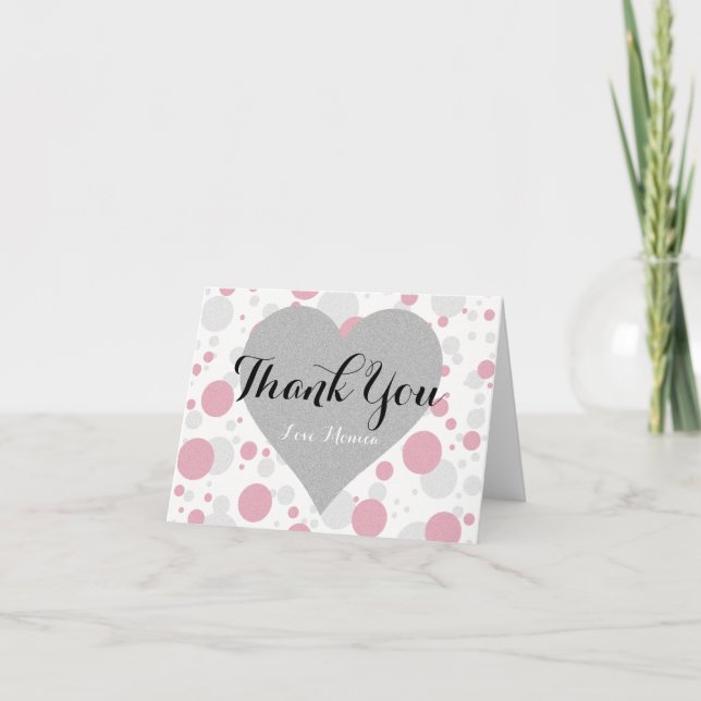 BRIDE & Bridesmaid Silver & Pink Polka Dots Party Thank You Card (Front)