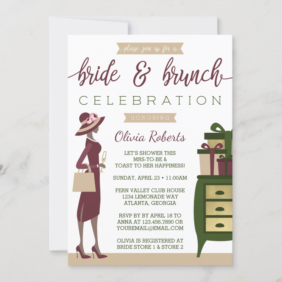 Bride & Brunch Shower Invitation, Burgundy, Green Invitation | Zazzle