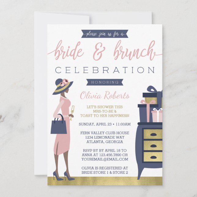 Bride & Brunch Shower Invitation, Navy, Pink, Gold Invitation (Front)