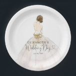 Bride Brunette Dress Floral Bridal Wedding Day Paper Plates<br><div class="desc">Modern Bride Brunette Brown Hair White Gold Glitter Wedding Gown Dress Elegant Script Calligraphy Heart Bridal Wedding Day Paper Plates</div>