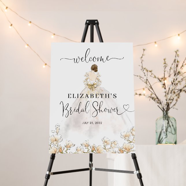 Bride Brunette Dress Floral Welcome Bridal Shower Foam Board (In Situ (Stand))