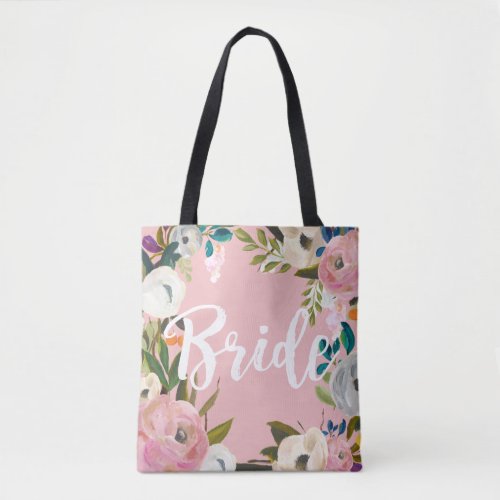 Bride Brushed Floral Wedding Party Pink Tote Bag