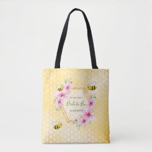 Bride bumble bees yellow honeycomb pink floral tote bag