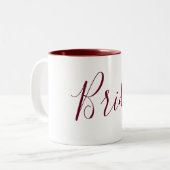 Bride Burgundy and White Cursive Two-Tone Coffee Mug (Front Left)