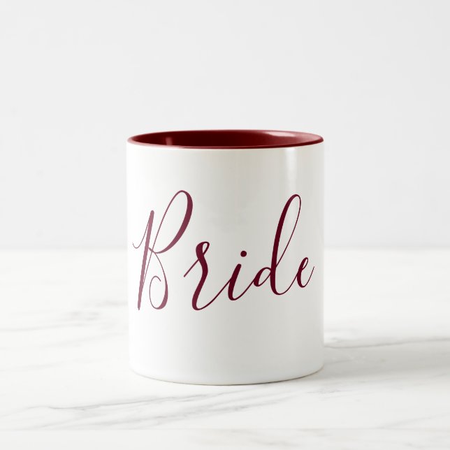 Bride Burgundy and White Cursive Two-Tone Coffee Mug (Center)