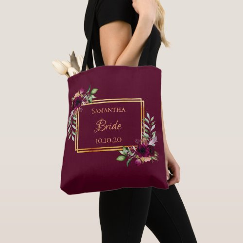 Bride burgundy floral name wedding tote bag