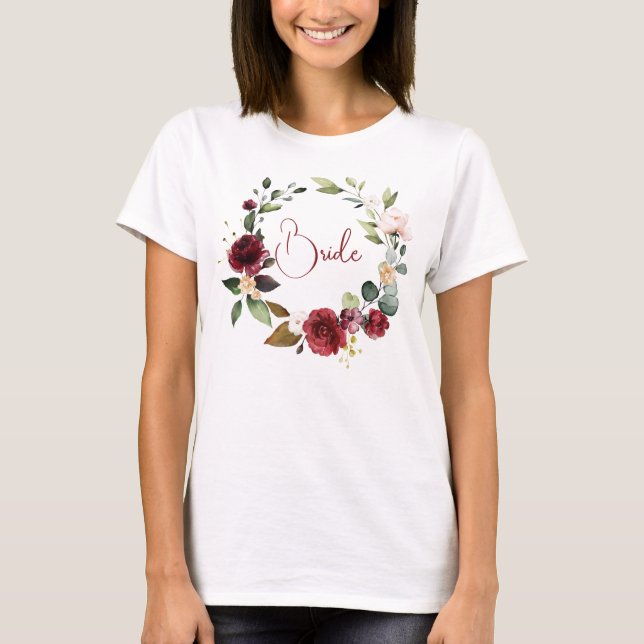 Bride Burgundy Floral Wedding T-Shirt (Front)