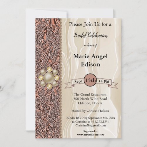 Bride Celebration Copper Foil Cream Silk  Pearls Invitation