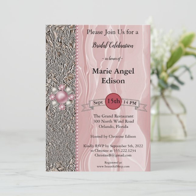 Bride Celebration Foil & Dusty Rose Silk, Pearls I Invitation (Standing Front)