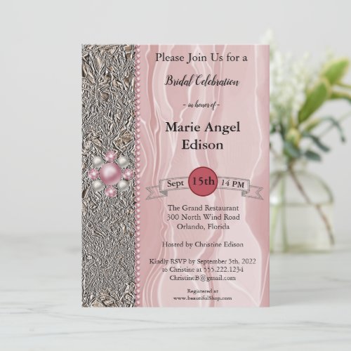 Bride Celebration Foil  Dusty Rose Silk Pearls I Invitation
