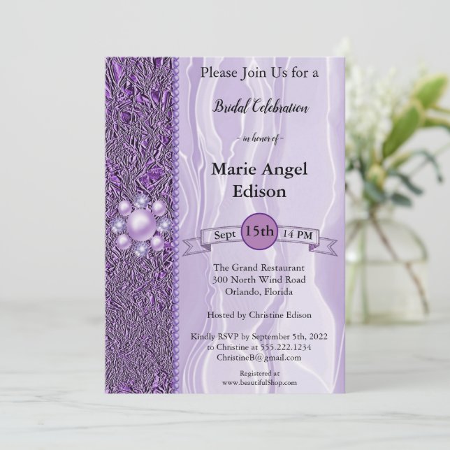 Bride Celebration Purple Foil & Silk with Pearls I Invitation (Standing Front)