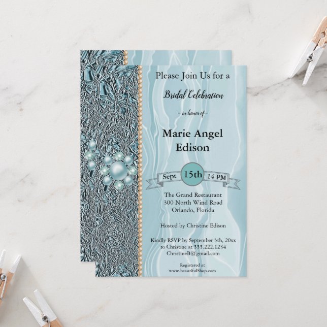 Bride Celebration Teal Blue Foil & Silk & Pearls I Invitation (Front/Back In Situ)