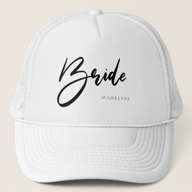 Bride Chic Black Typography Personalized White Trucker Hat (Front)