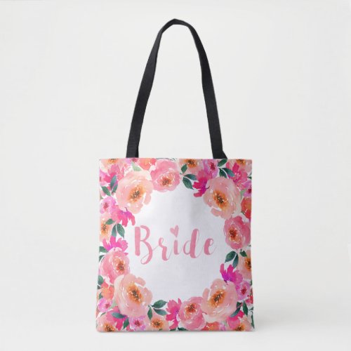 Bride Chic Script Pink Watercolor Floral Tote Bag