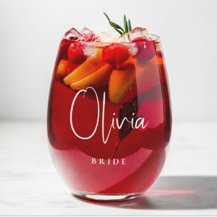 Bride Chic White Script Wedding Stemless Wine Glass