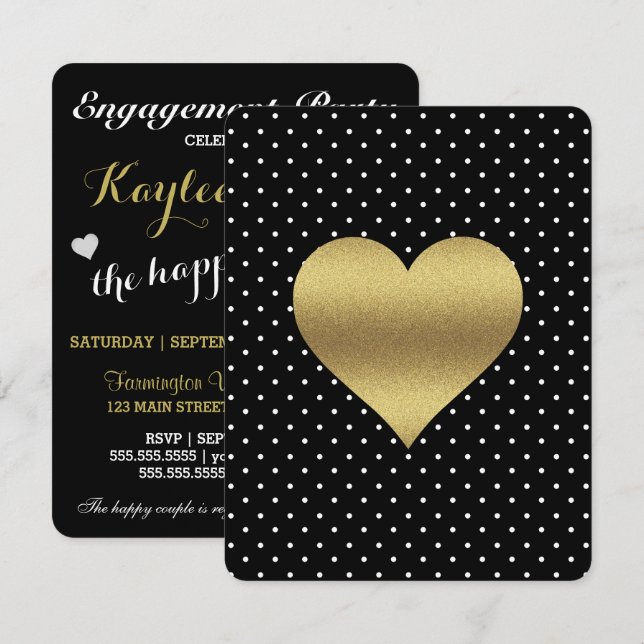 BRIDE & CO Black And Gold Heart & Polka Dot Party Invitation (Front/Back)