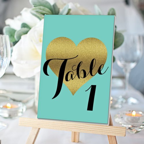 Bride  Co Gold Heart Teal Blue Shower Party Table Number