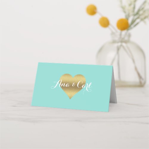 BRIDE  CO Gold Heart Teal Blue Thank You Place Card
