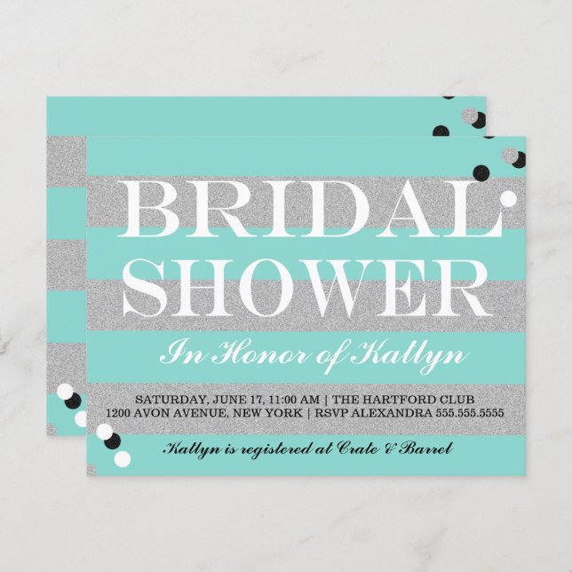 BRIDE & CO Silver & Teal Bridal Shower Party Invitation (Front/Back)