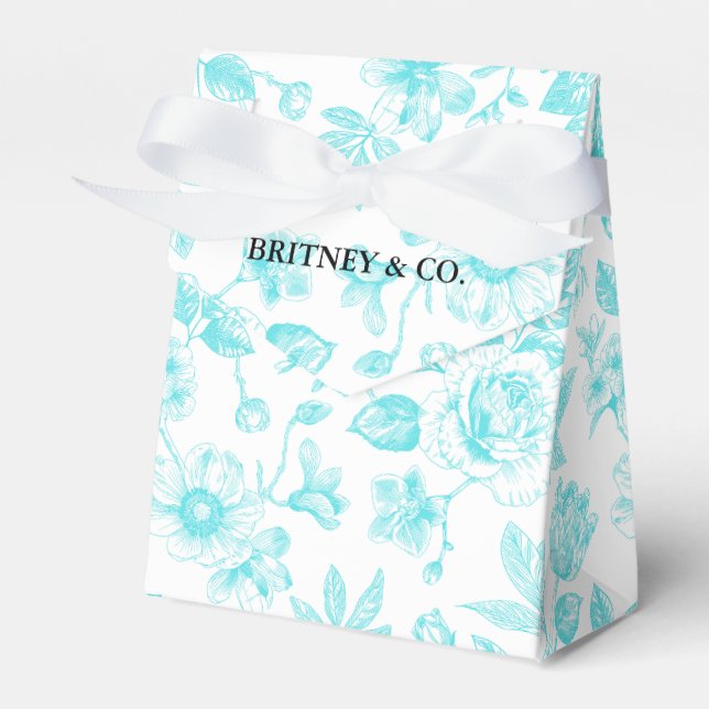 Bride & Co. Teal Floral Toile Personalized Favor Boxes (Front Side)