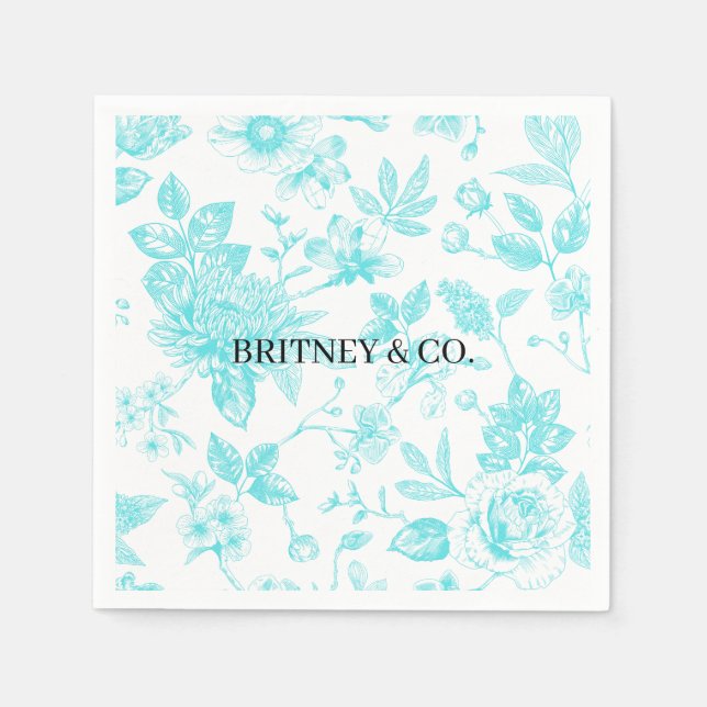 Bride & Co. Teal Floral Toile Personalized Napkins (Front)
