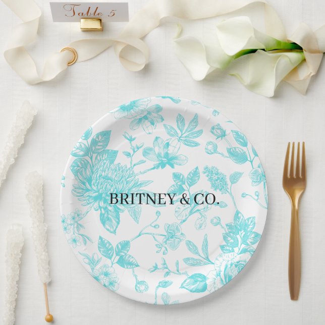 Bride & Co. Teal Floral Toile Personalized Paper Plates (Wedding)