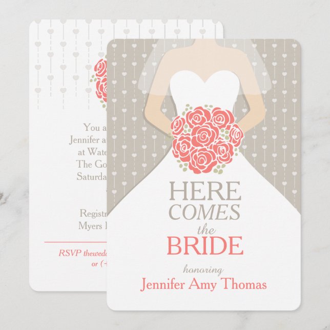 Bride coral bouquet graphic bridal shower invite (Front/Back)