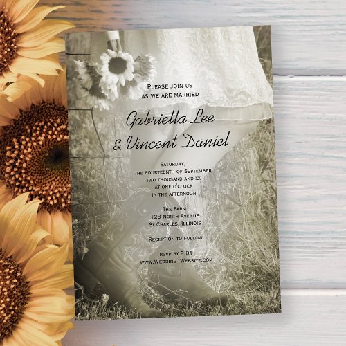 Bride, Boots and Sunflowers Country Wedding Invite