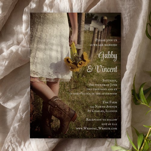 Bride Cowboy Boots and Sunflowers Ranch Wedding Invitation