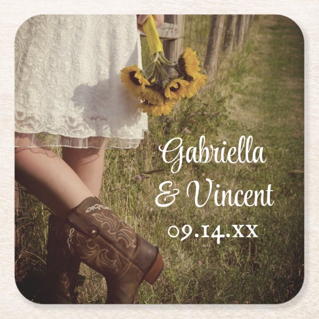 Bride, Cowboy Boots and Sunflowers Ranch Wedding Square Paper Coaster (Front)